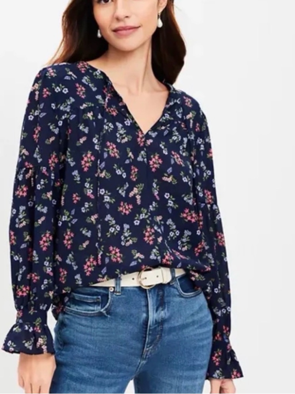 NWT LOFT Navy Floral Long Sleeve Blouse